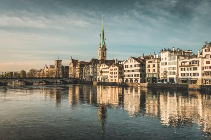 Picturesque Zurich houses and architecture alongside a river
