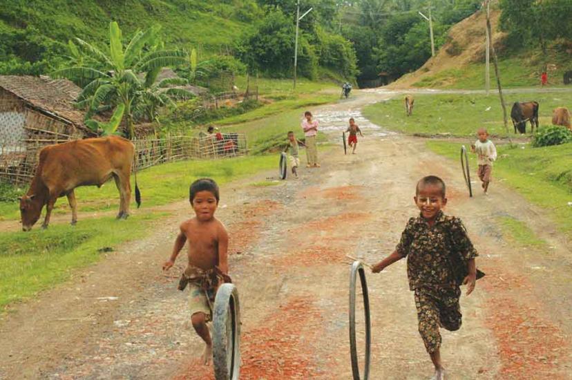 Village kids on the road to Mrauk