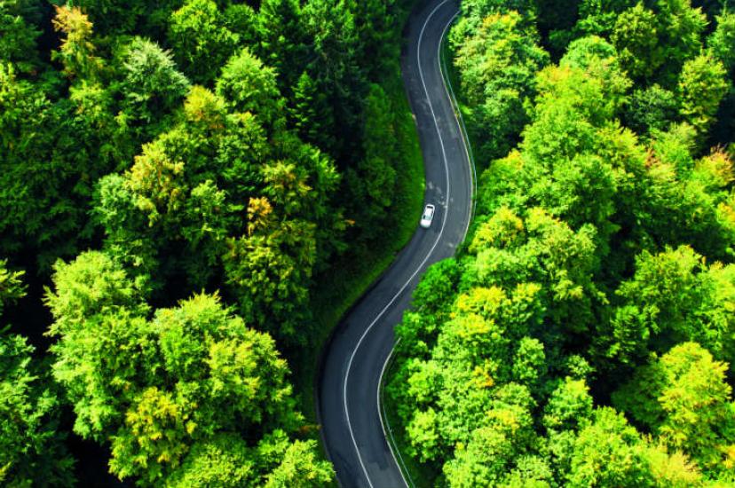 Aerial shot of car driving along winding country road
