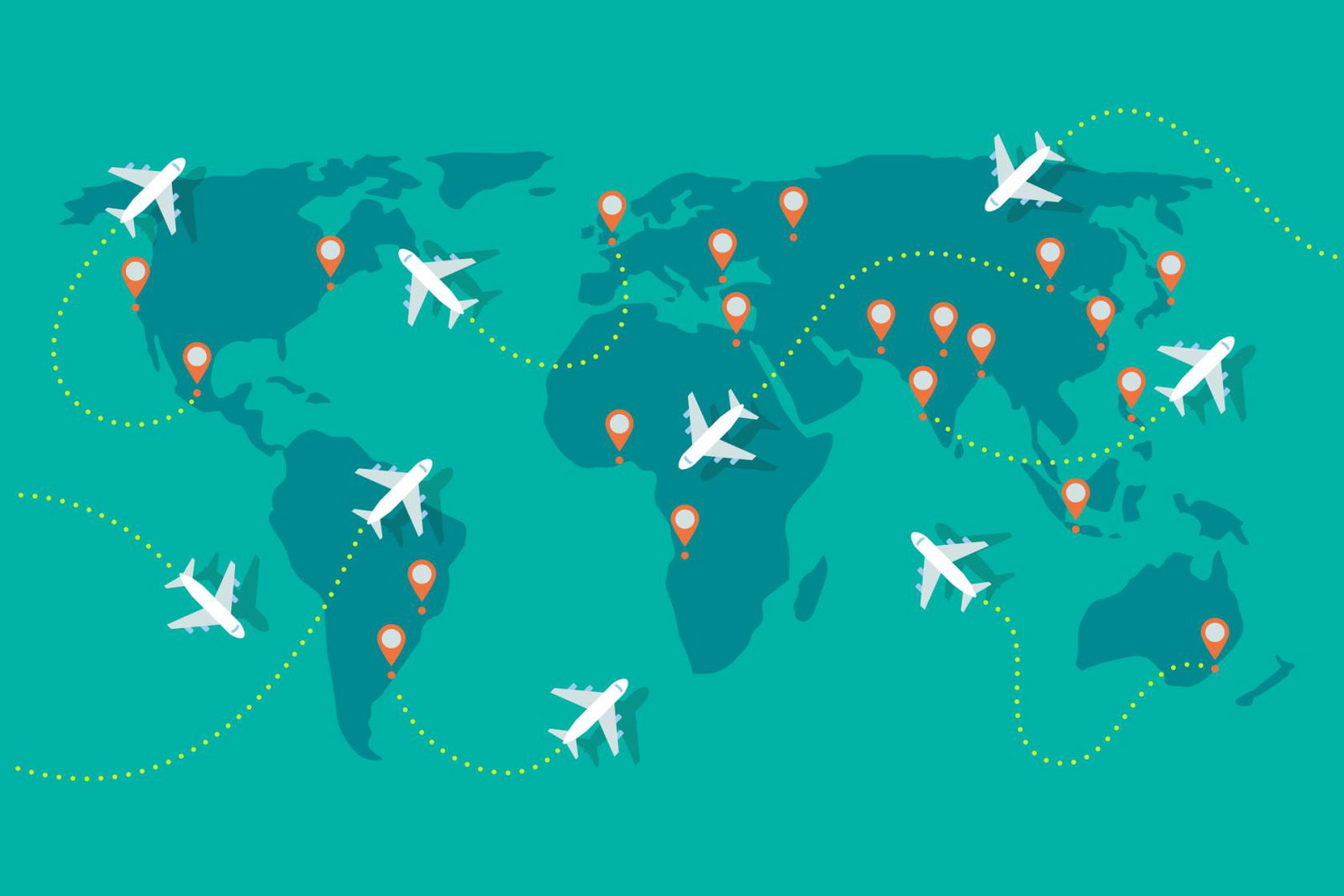 World map showing air routes connecting major destinations