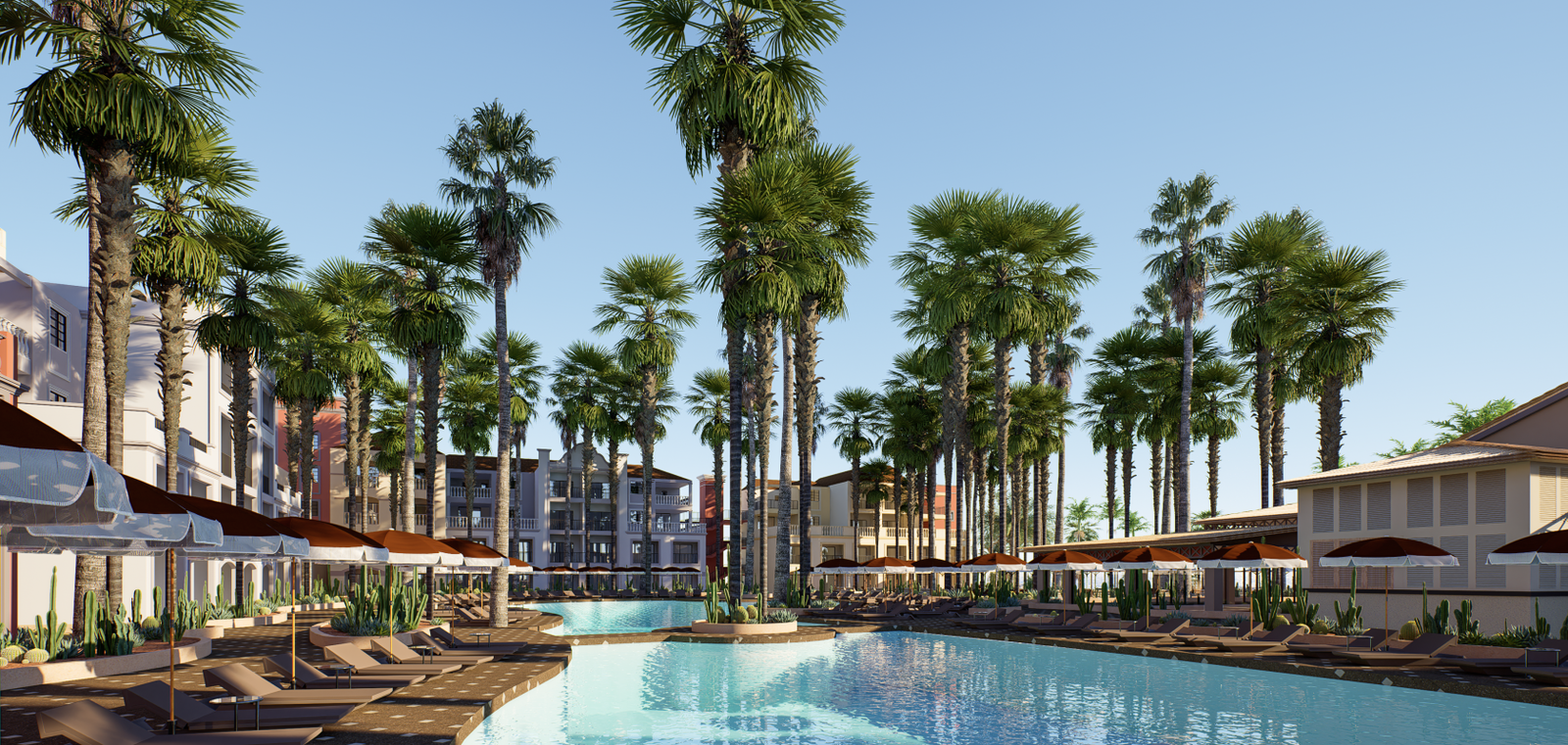 Pool area with sunbeds and palm trees 
