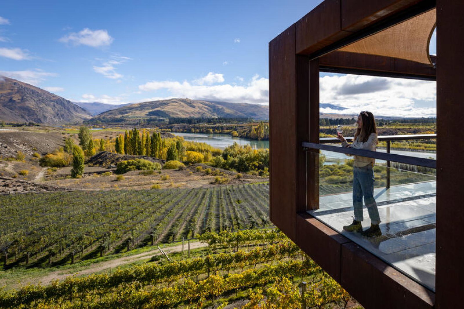 Woman sips on wine while looking over vineyard