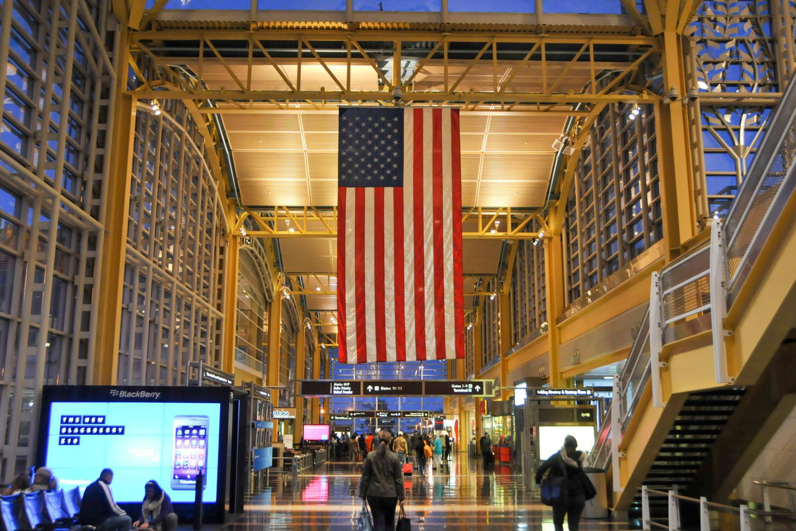 A US flag hanging in the terminal building of Washington National Airport