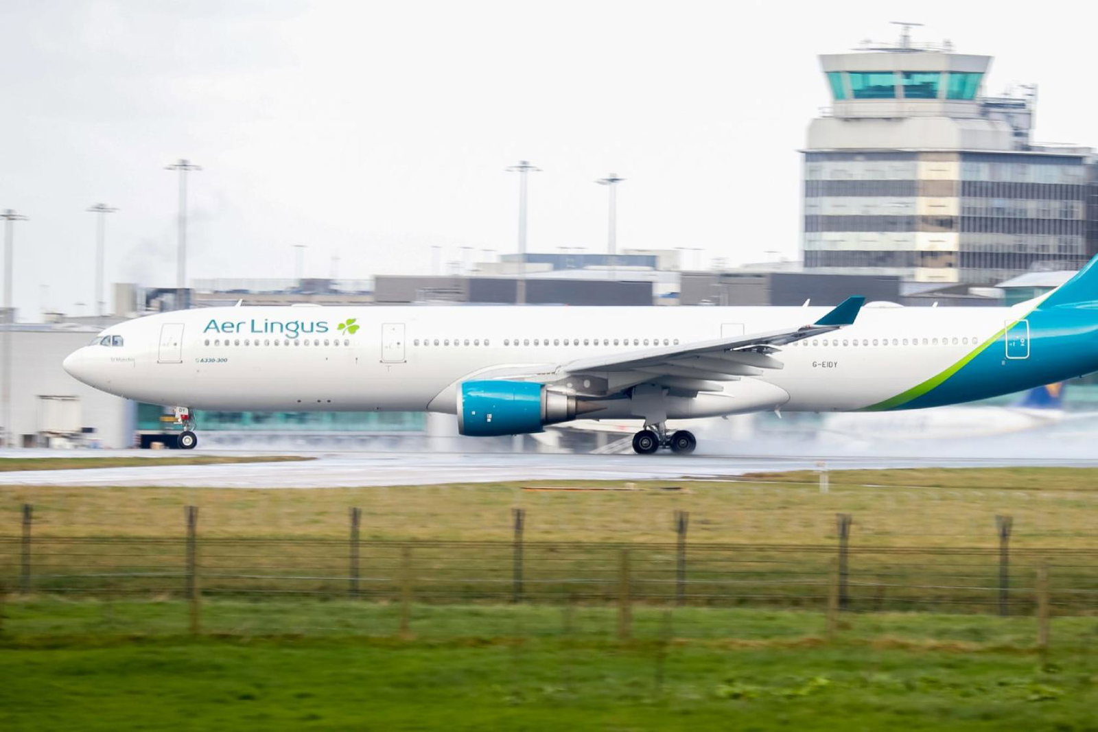 An Aer Lingus A330 taking off from Manchester airport