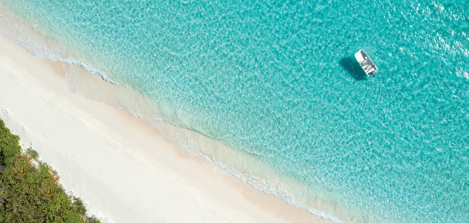 Drone photo of blue ocean water, white sand beach and trees