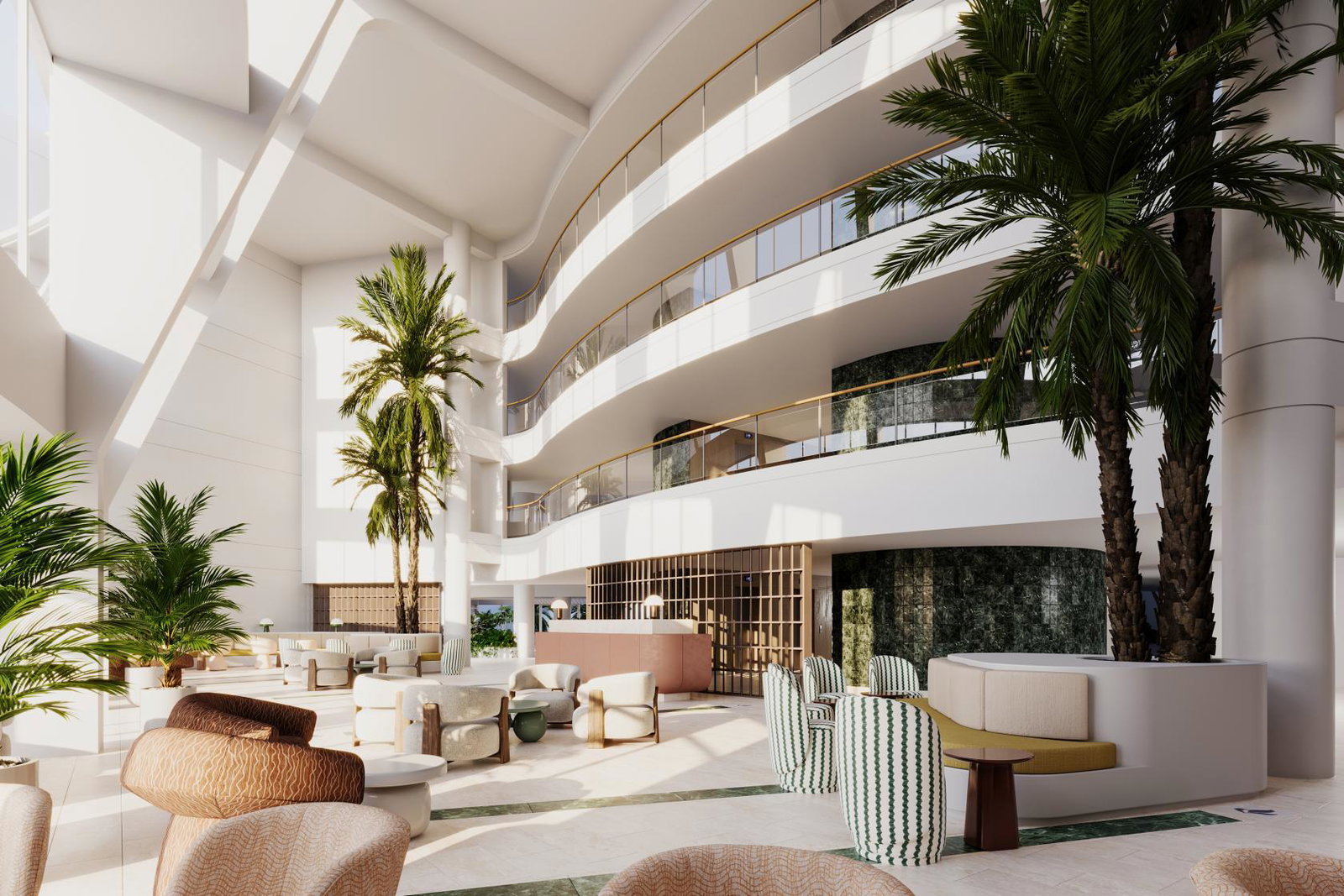 Artist impression of new hotel lobby, with white balconies and trees