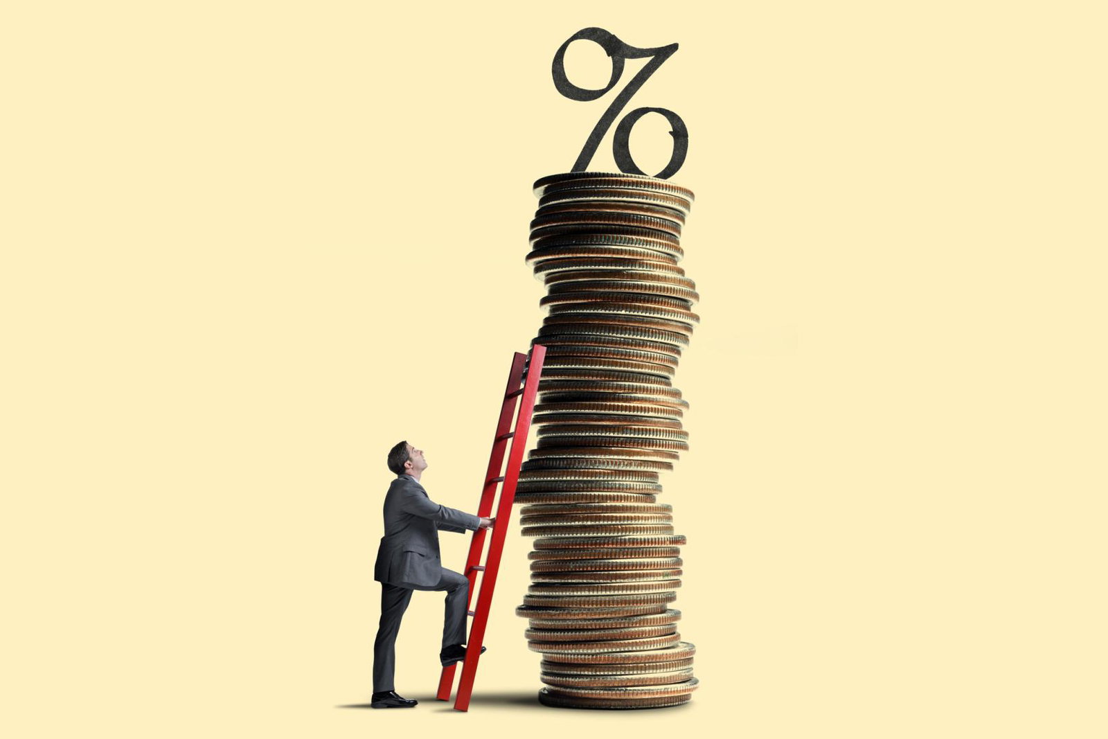A man looks up as he leans a red ladder against a tall stack of coins that is topped with an interest rate symbol.