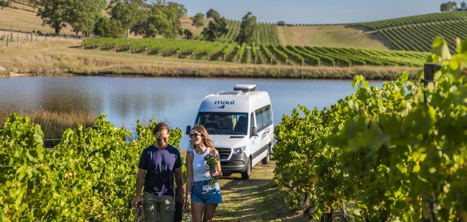 People walking through vineyard with caravan in background