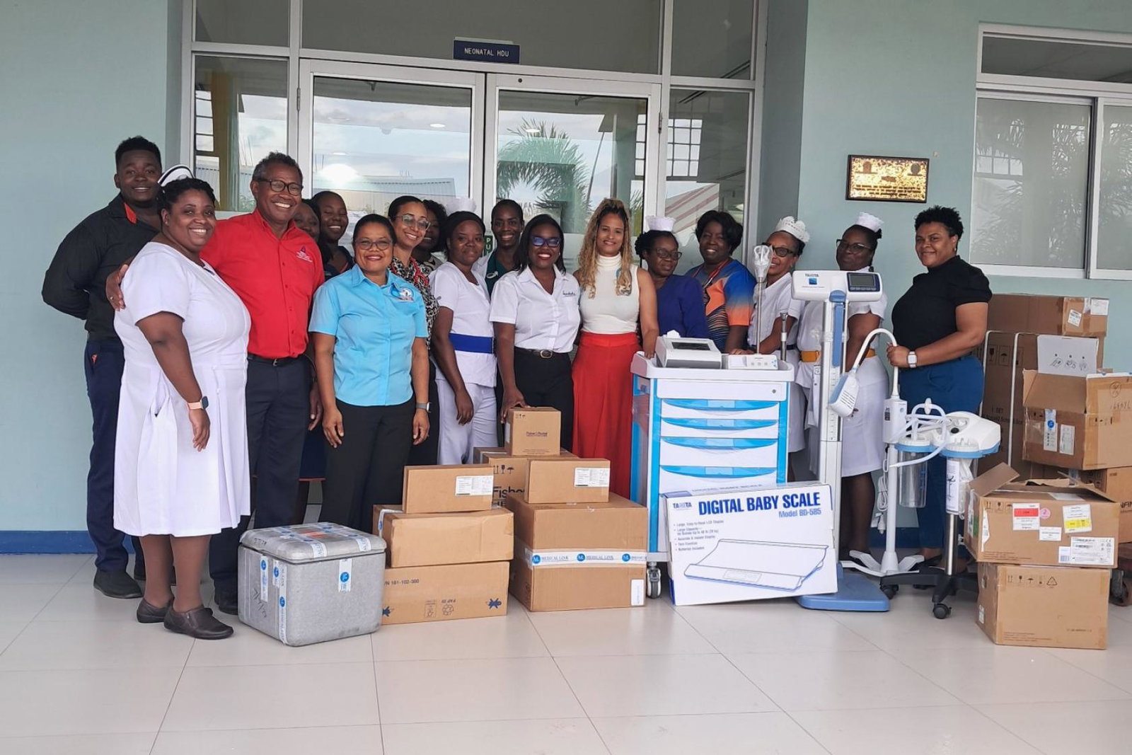The team pictured with the life-saving medical equipment and resources