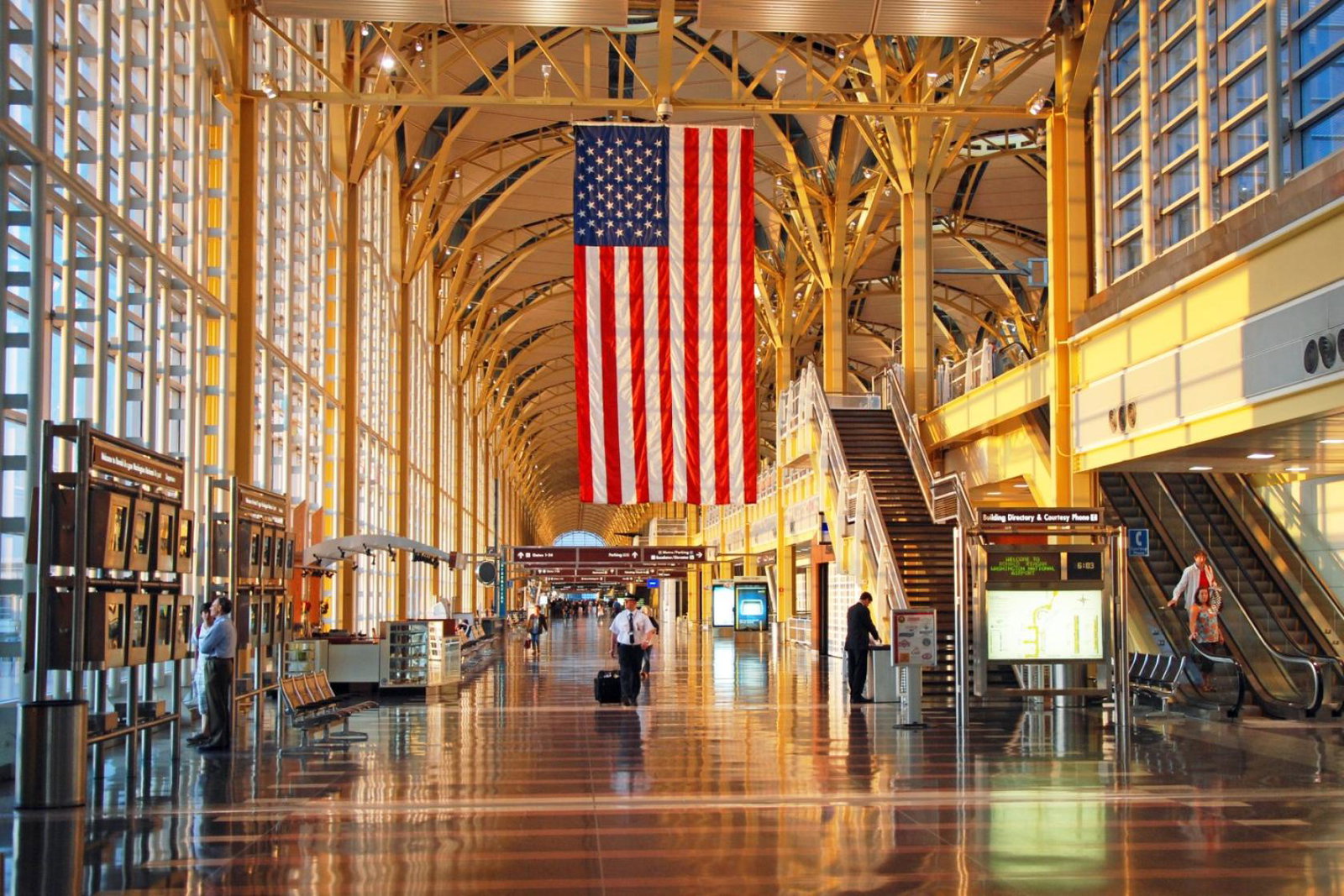 Ronald Reagan Washington National airport with US flag draped