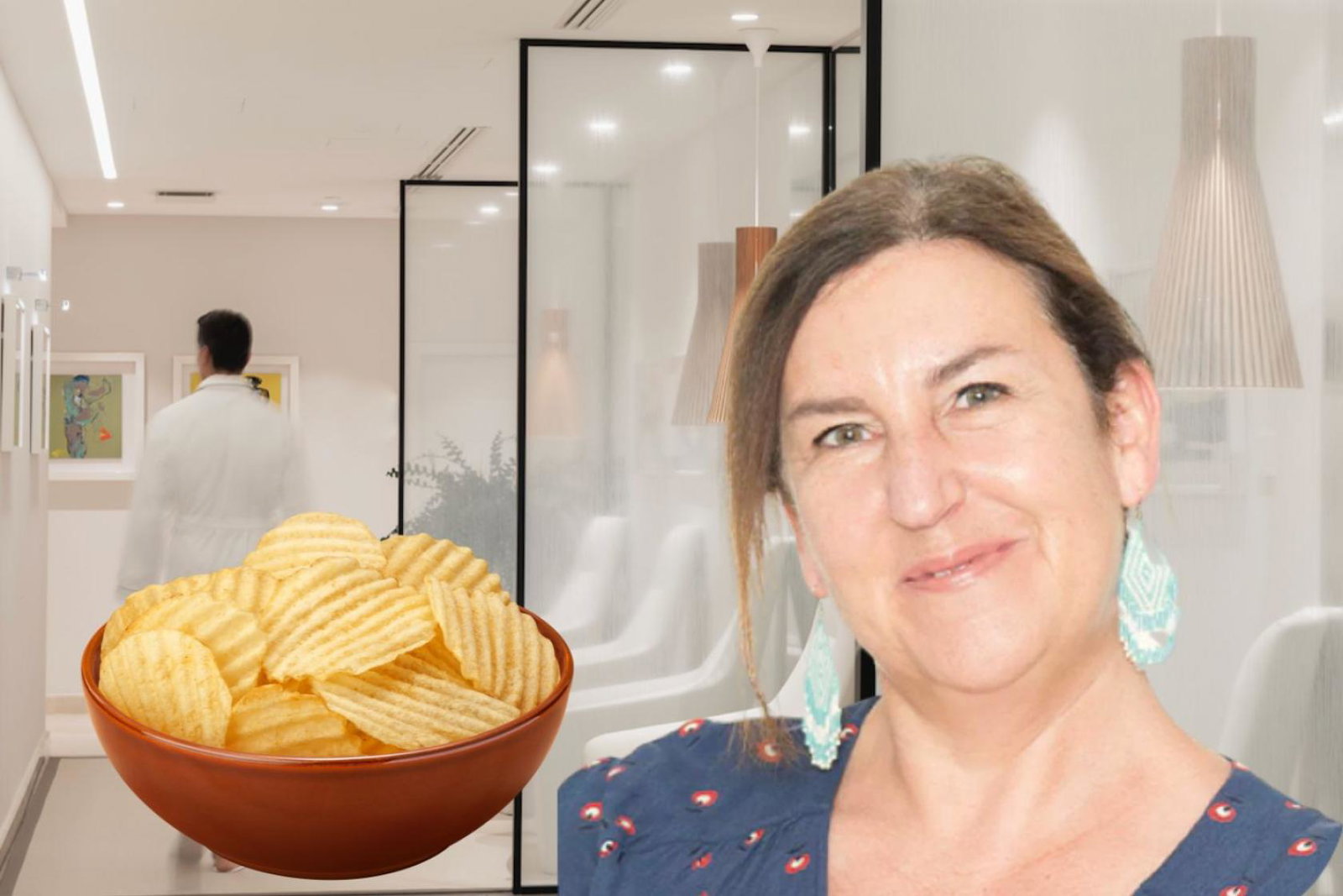 A bowl of crisps and a smiling a brunette woman in front of a medical clinic 