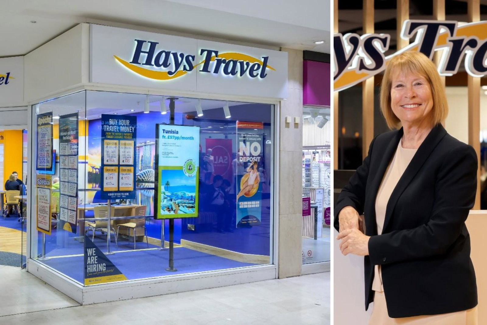 Hays Travel owner and chair Dame Irene Hays pictured with a Hays Travel store