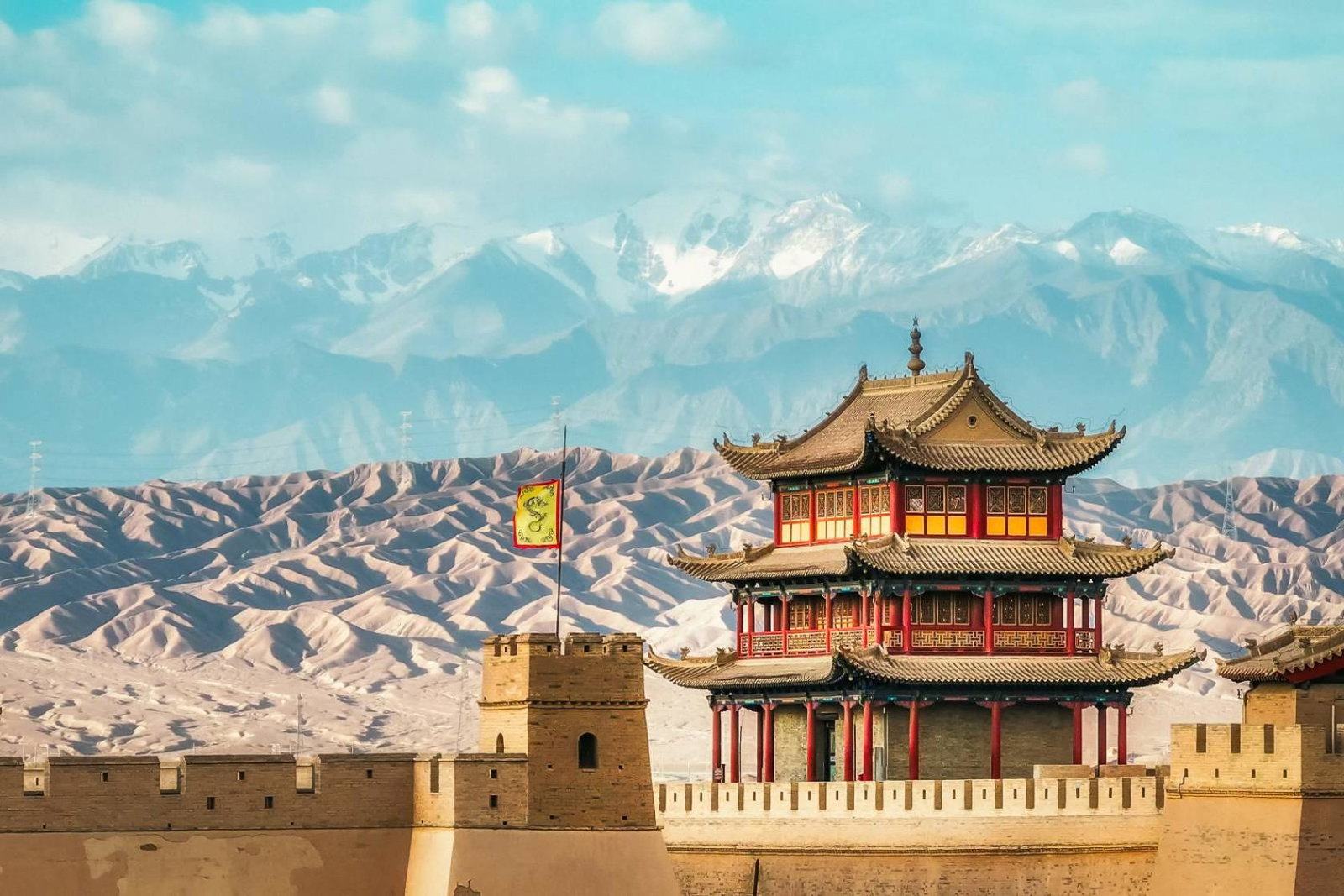 Jiayuguan Castle in Gansu, China on a mildly cloudy day