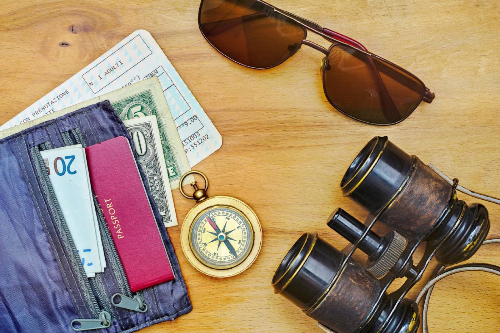 Holiday essentials including passport, money, sunglasses and binoculars