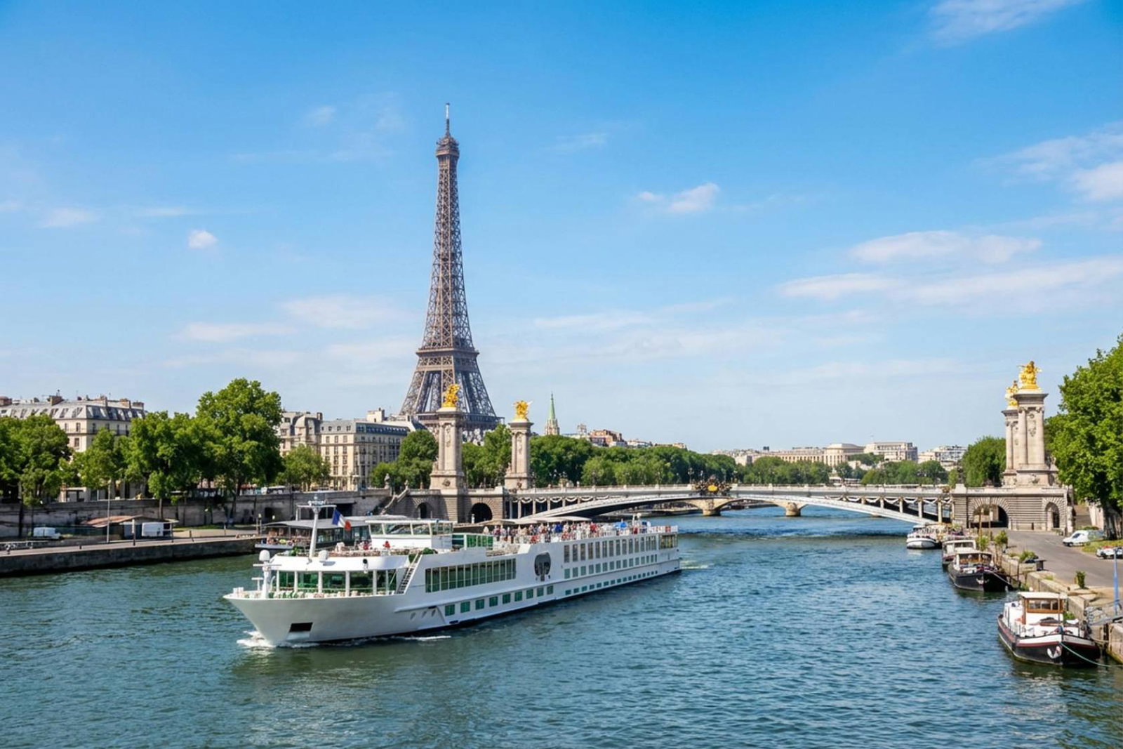 Trafalgar river cruise ship sailing along the Seine on a sunny day, with the Eiffel Tower in the background
