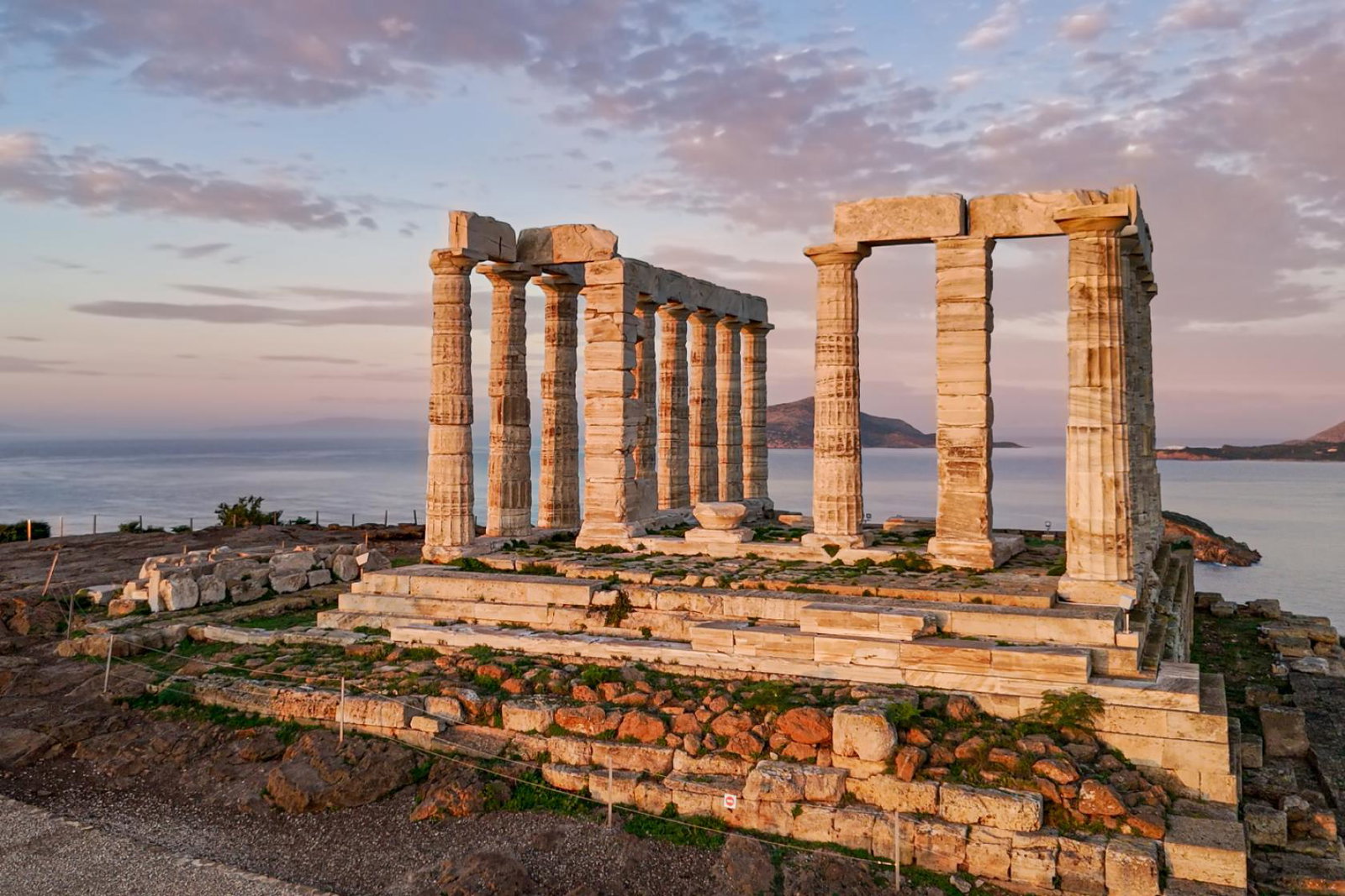 The Temple of Poseidon at Cape Sounion overlooking the Aegean Sea