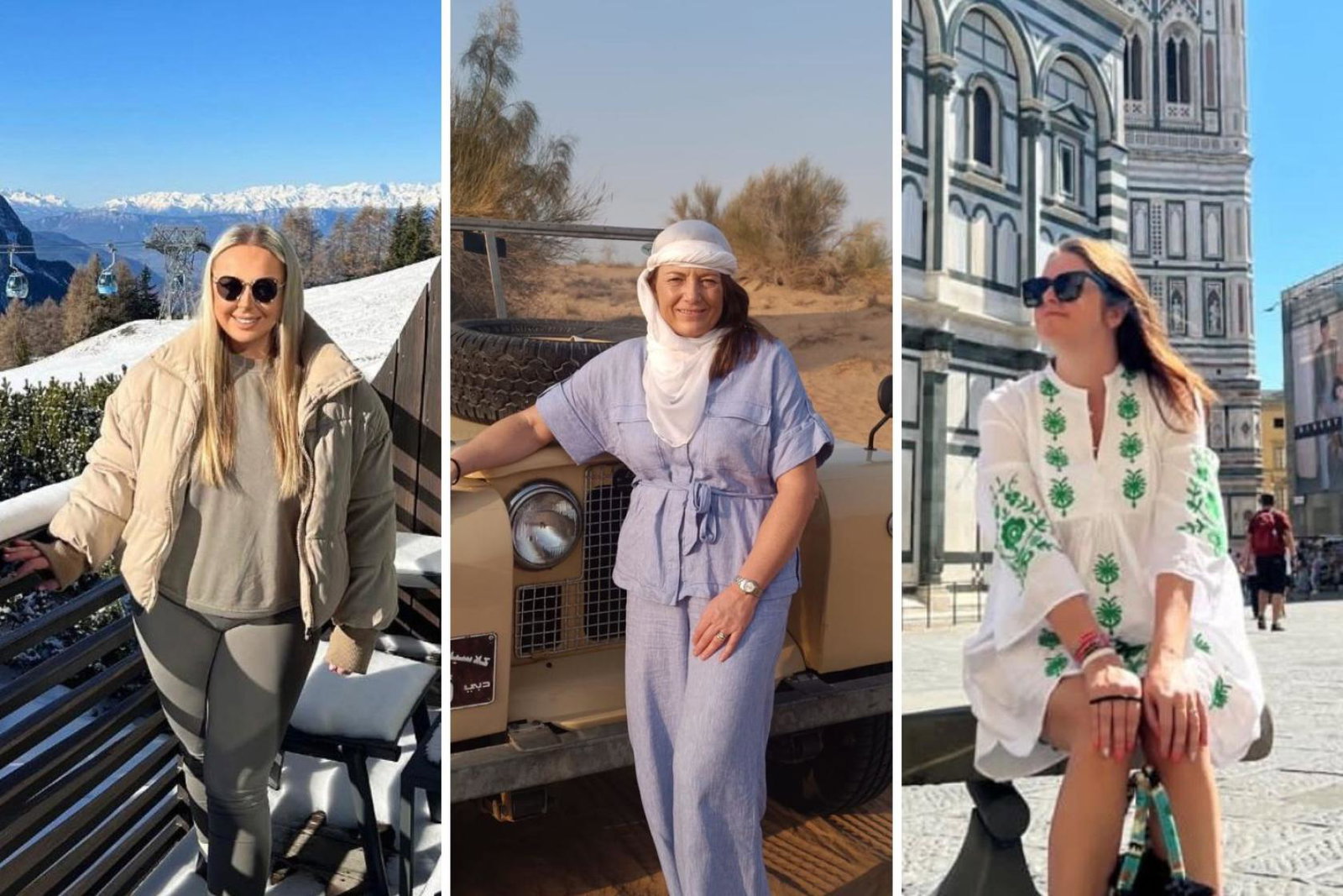 Three women in different backgrounds, all on holiday or travelling 