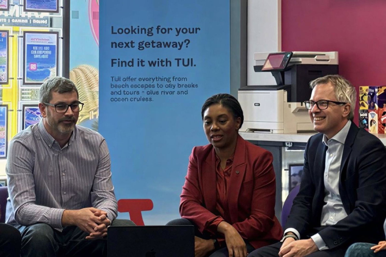Sunlounger MD Iain Kirkbright (left) pictured with Kemi Badenoch and local MP James Wild