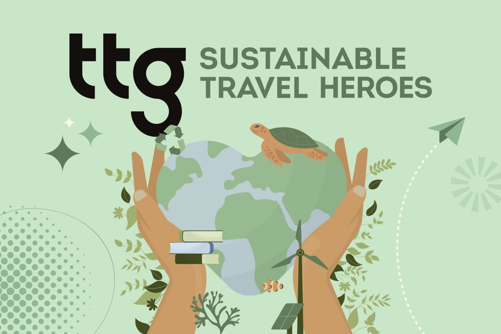 Sustainable Travel Heroes animated asset with heart shaped world being held in hands