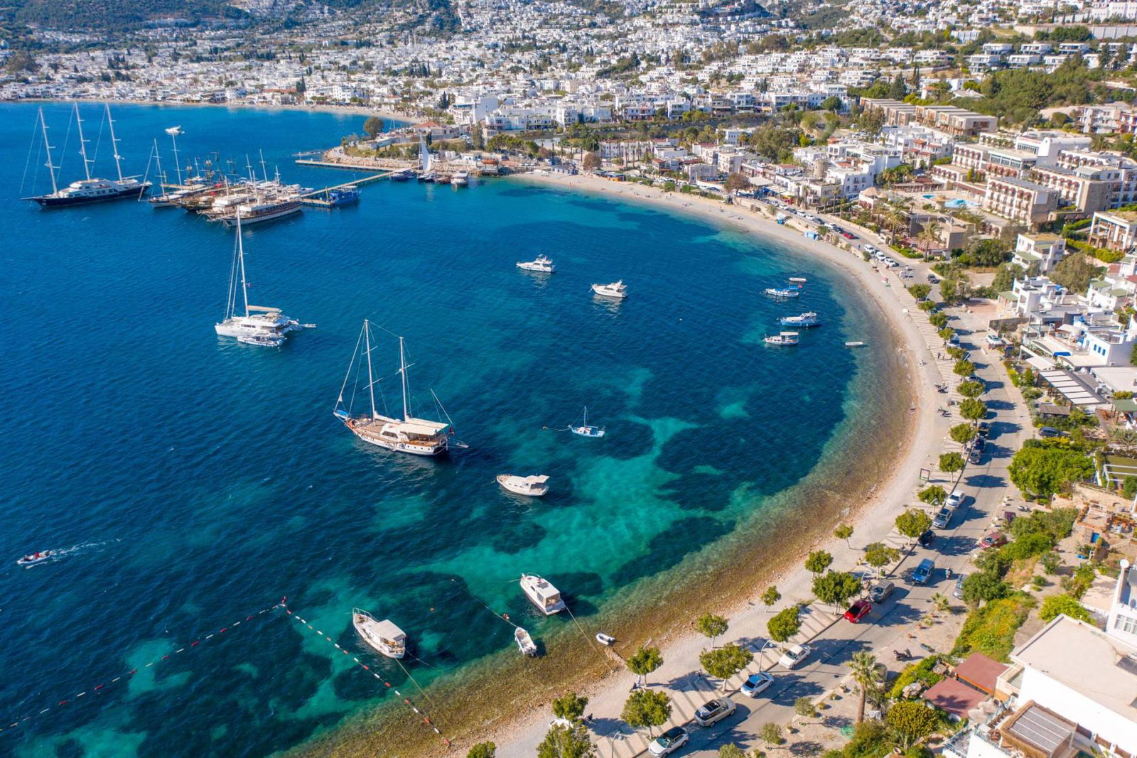 The coastline of Bodrum, Turkey, dotted with boats and yachts