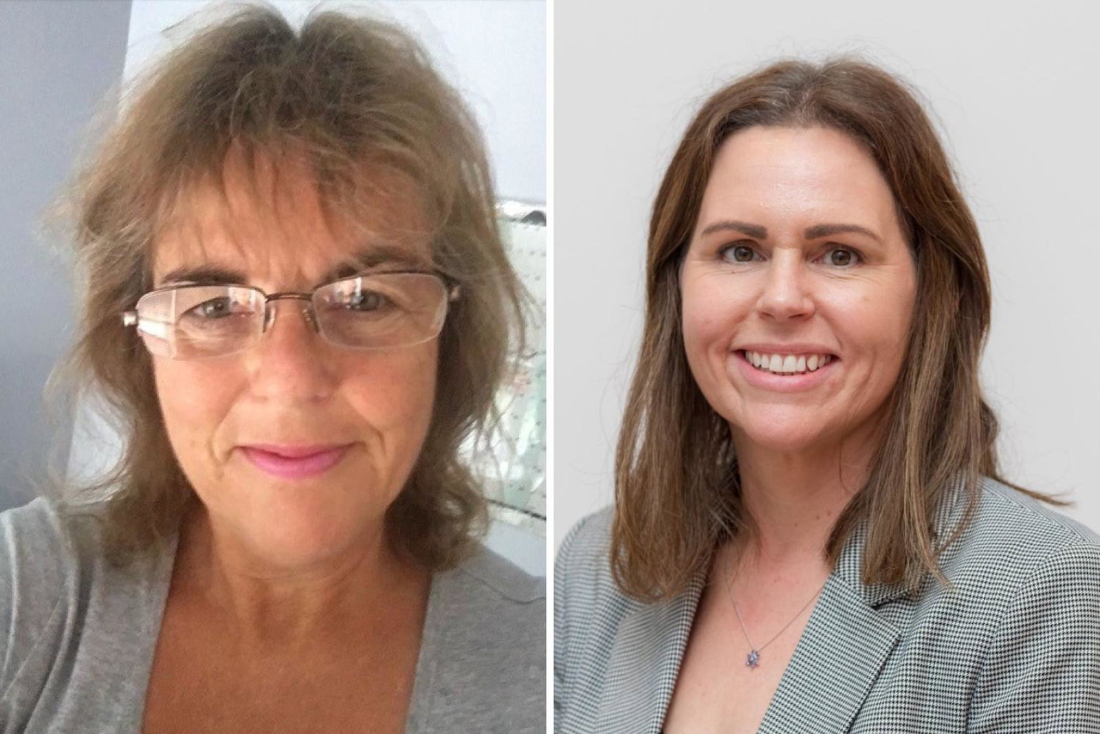 Two headshots of two different women, one with glasses and brown chin-length hair, one with shoulder-length brown hair and blazer 