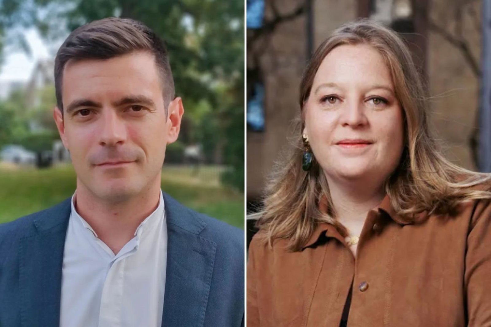 Split image of white businessman and white businesswoman looking at camera 