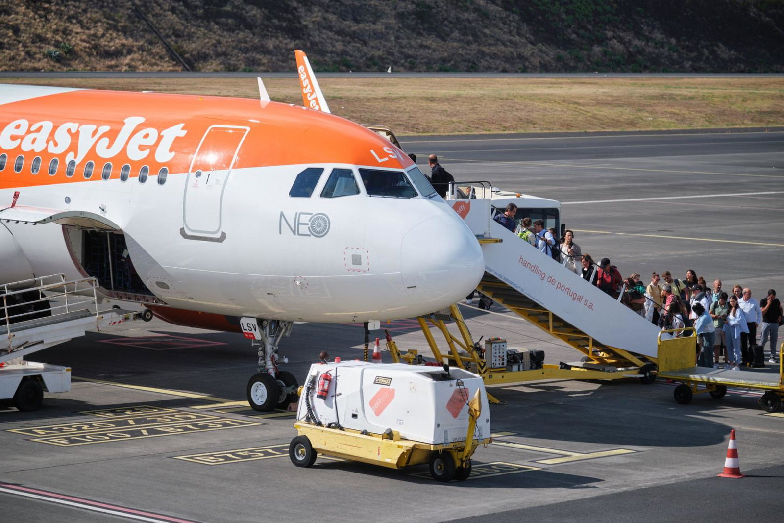 Passengers board an easyJet aircraft in Funchal