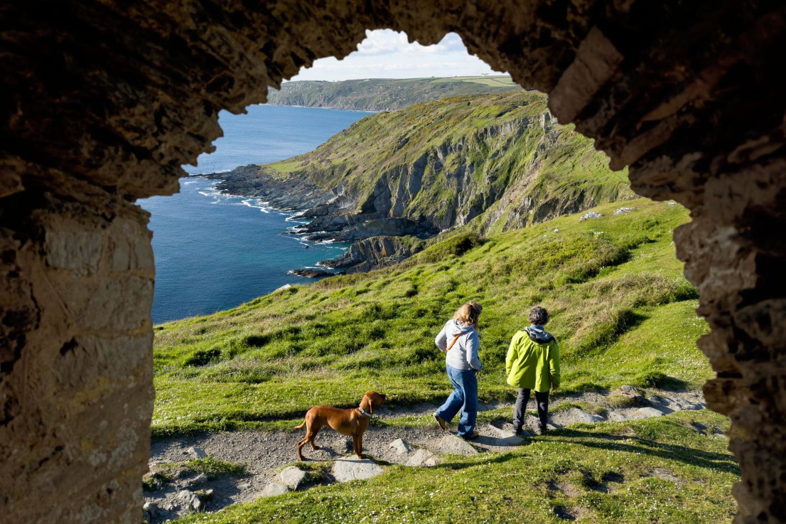A couple with their dog walk along a British coastal path