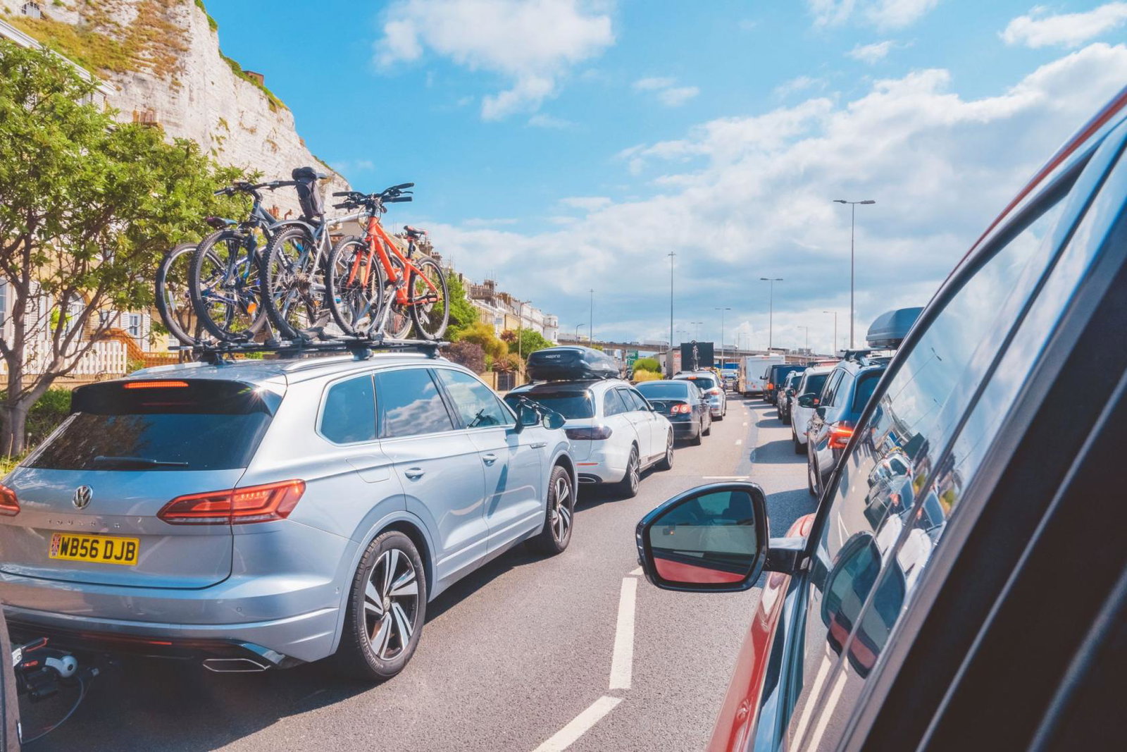 Cars queue on the approach to the Port of Dover