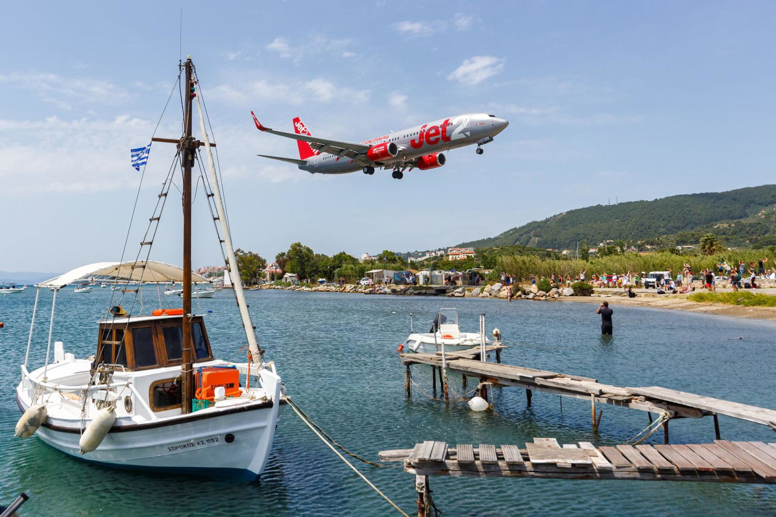 A Jet2 aircraft comes in to land at Greece's Skiathos airport