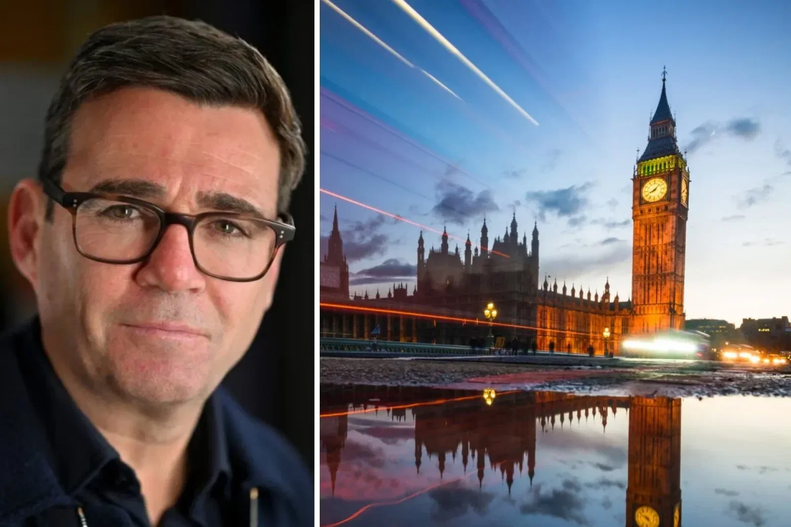 Split image of Andy Burnham next to London