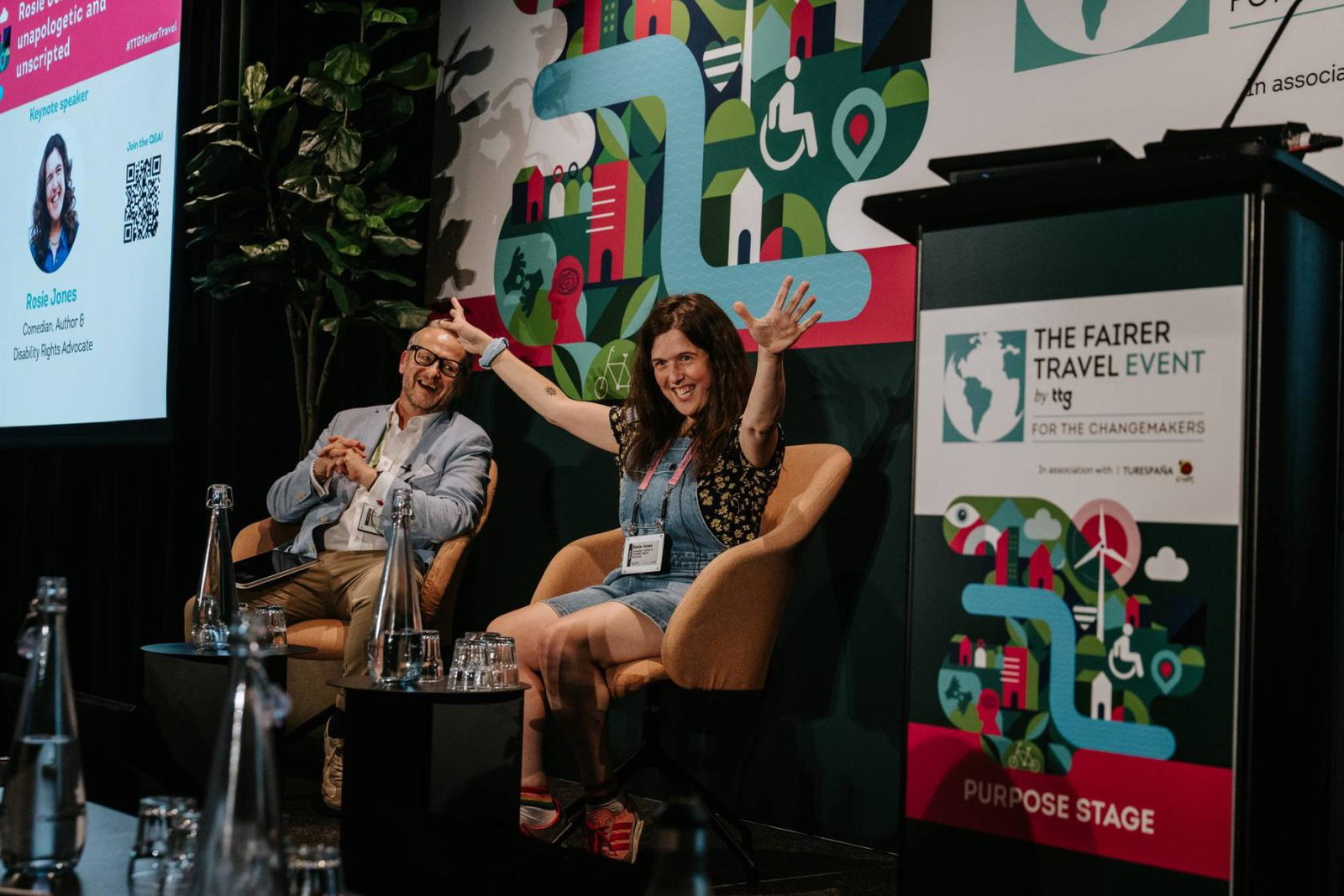 Comedia Rosie Jones at the 2026 Fairer Travel Event with TTG CEO Dan Pearce