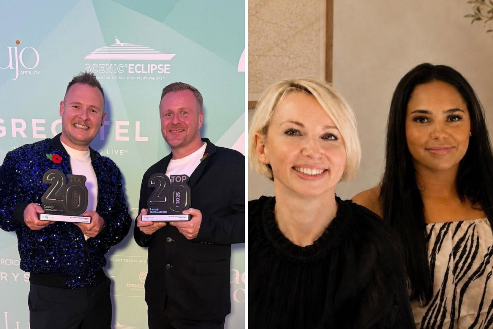 Split image, first of two men holding trophies and second of two women smiling