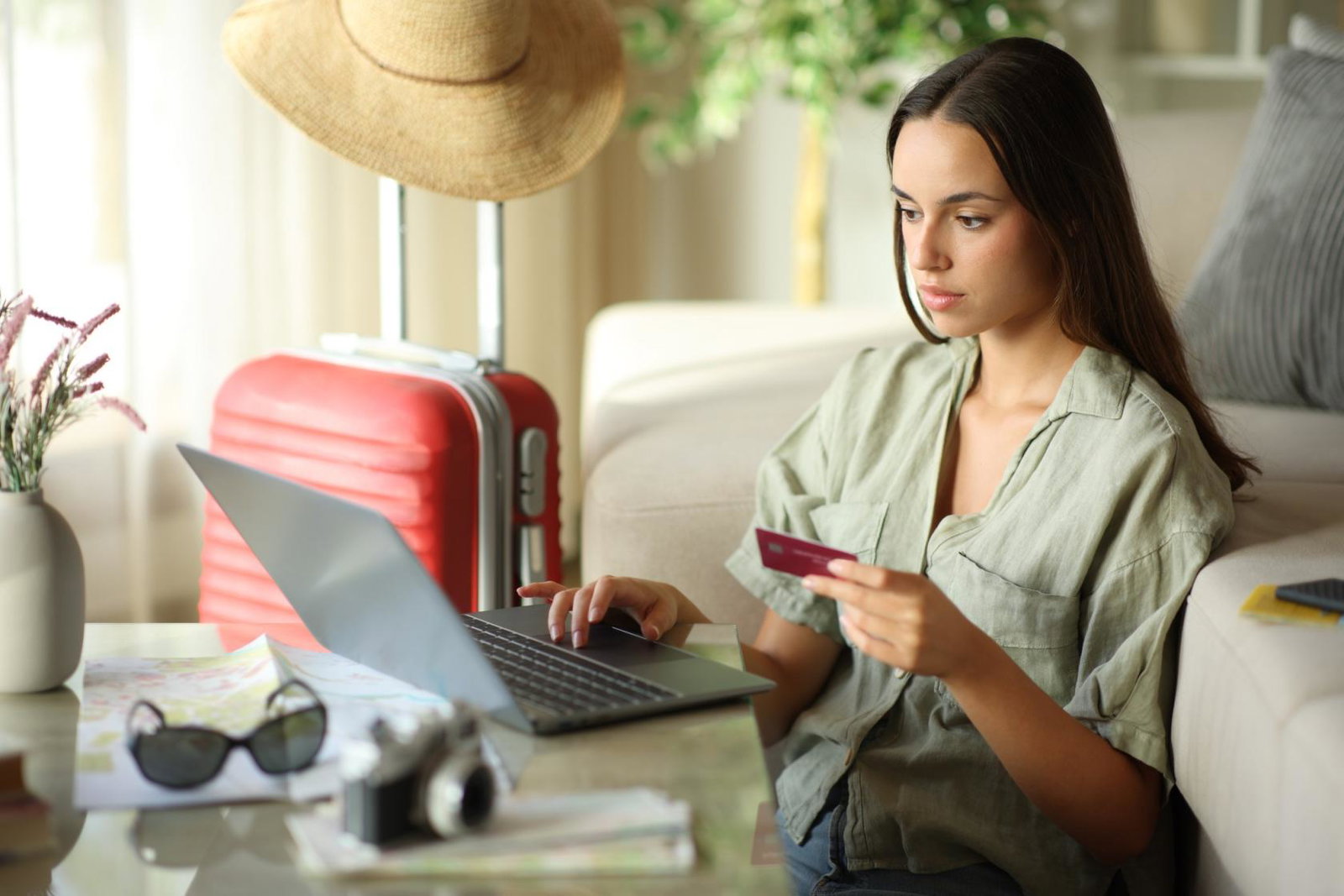 A woman looks at her card while using a laptop