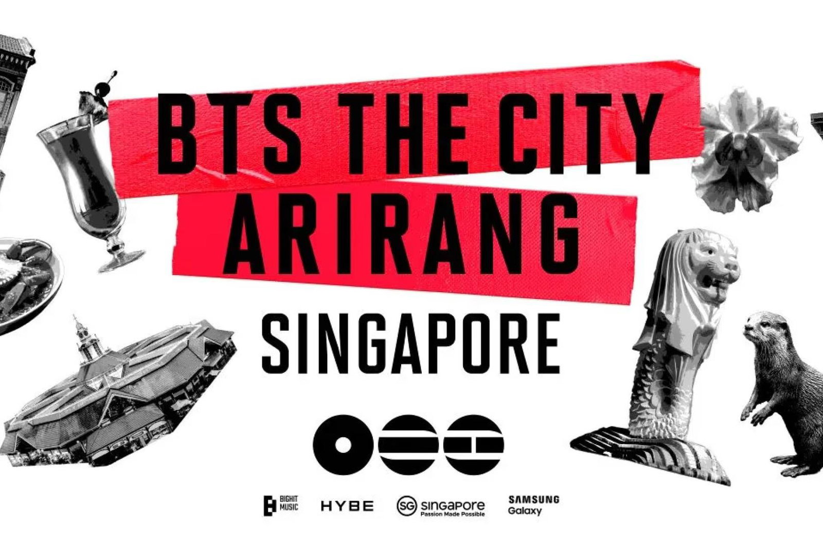 BTS the City arirang cut out of city icons in greyscale with red text