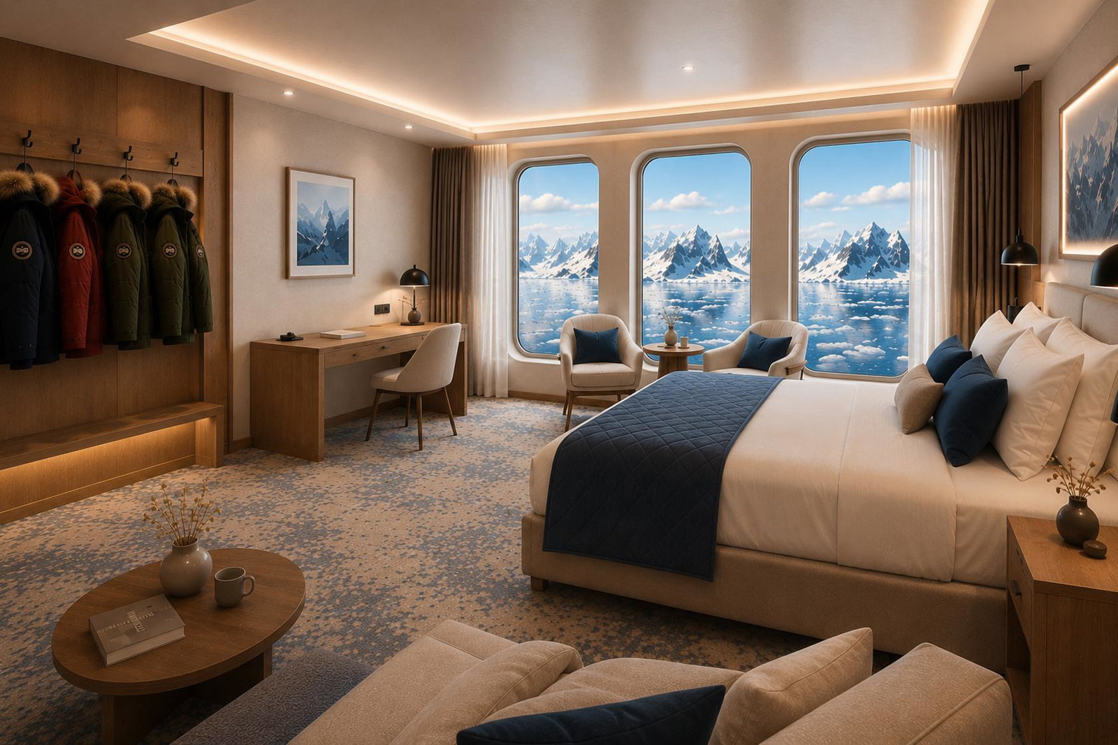 Render of a cabin on board Explorer Yacht Aureum. Photo credit: Secret Atlas / Antarpply Expeditions. Illustrative image based on the current design concept.