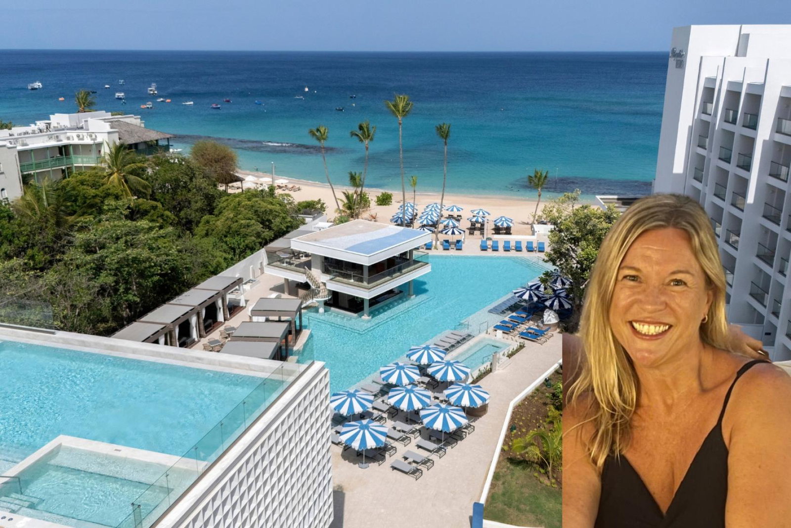 Woman smiling in front of picture of resort with pools 