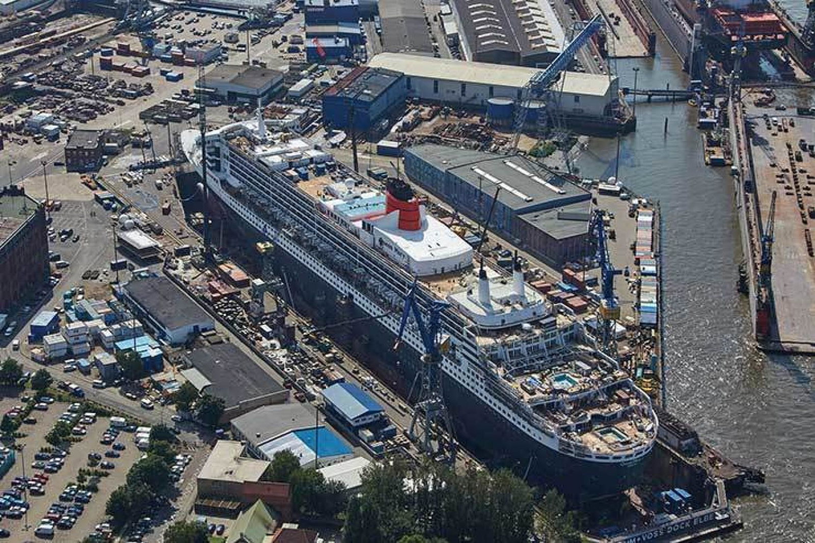 Aerial view of QM2 in dry dock