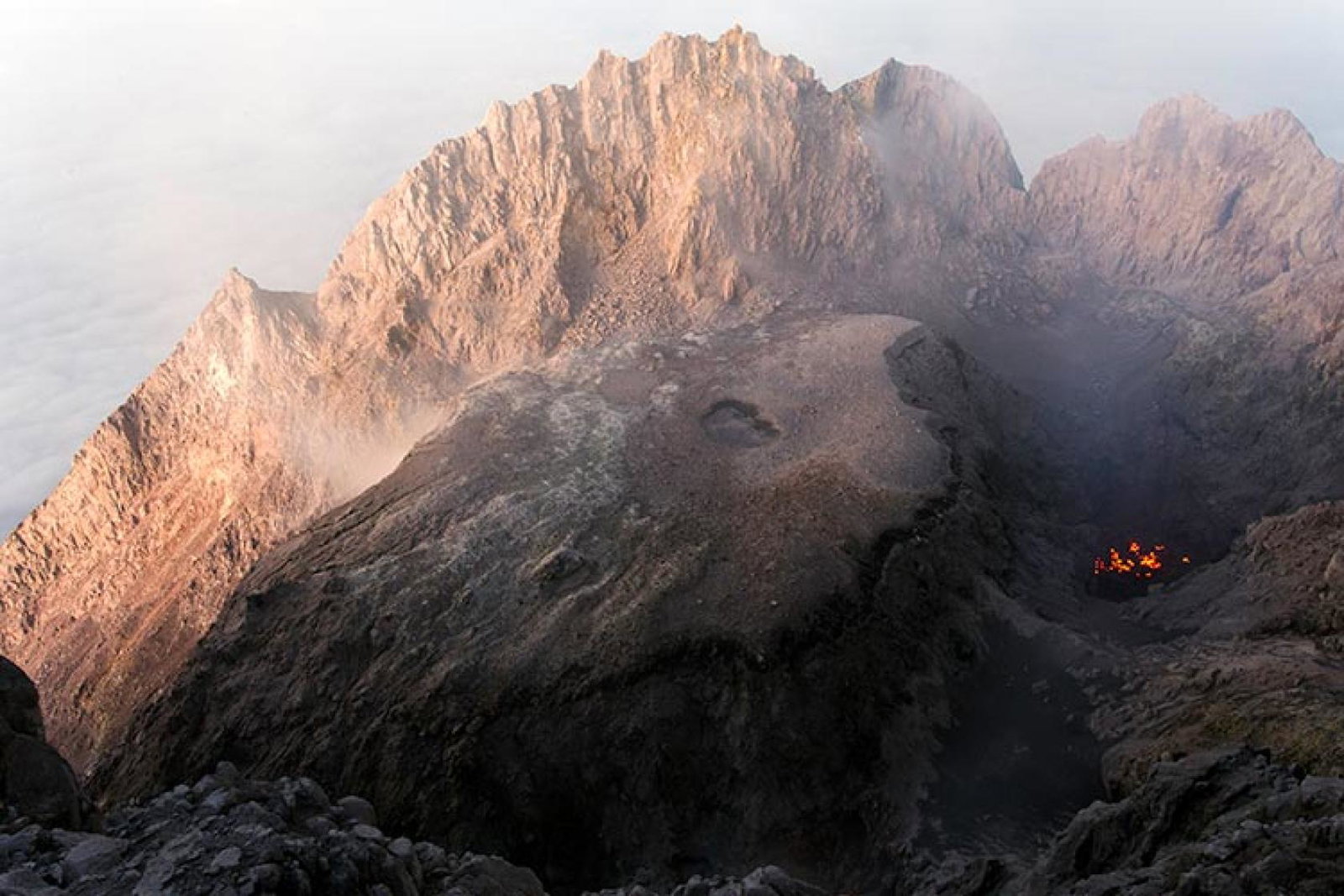 Volcano caldera with fire