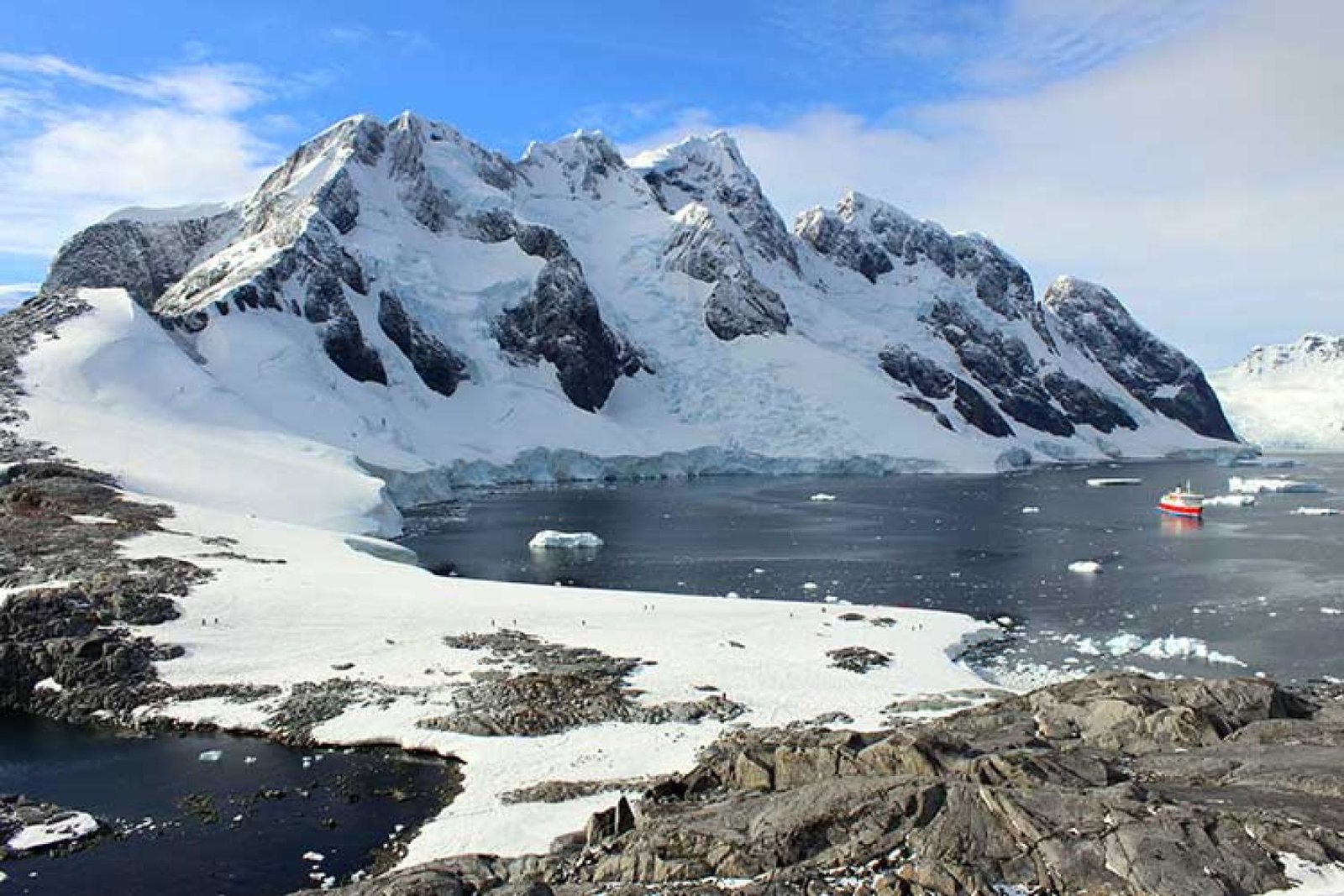 Ship in polar seas against mountainous landscape