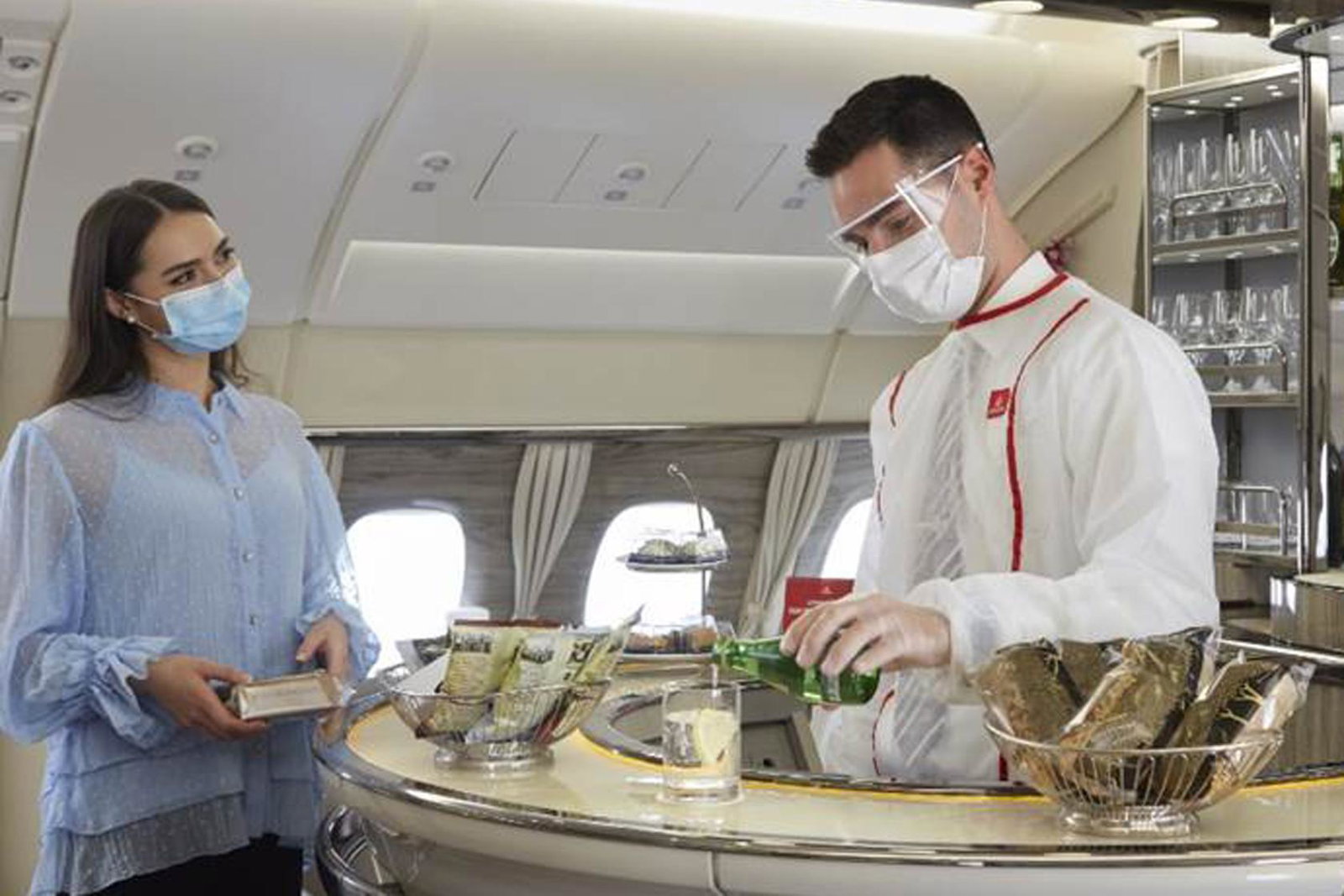 Emirates' premium passengers' bar has re-opened for takeaway drinks