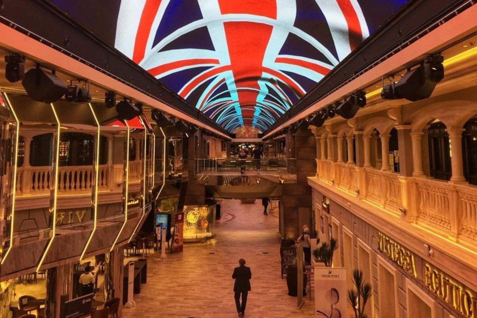 MSC Virtuosa's Galleria promenade shines a Union Jack to celebrate its Southampton inaugural