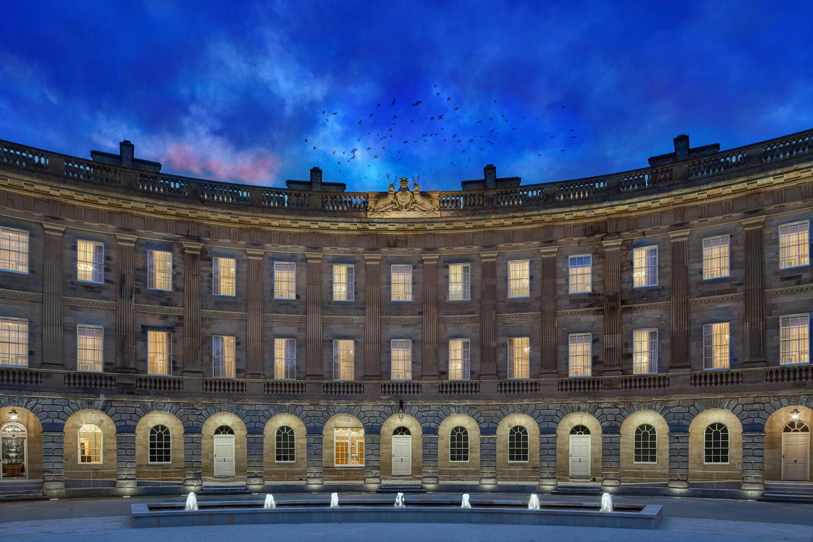 The Buxton Crescent Hotel looks beautiful at night