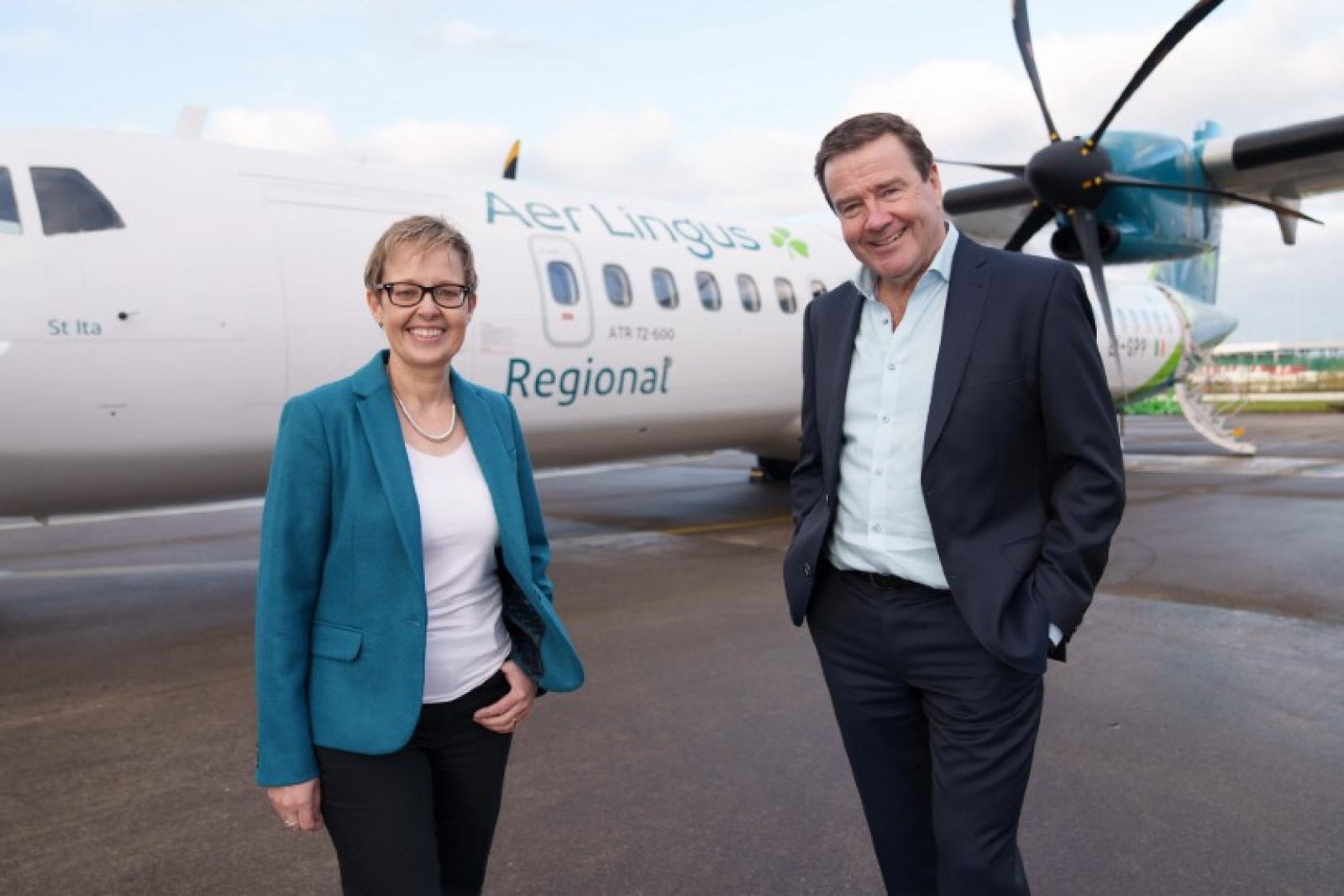 Aer Lingus' Lynne Embleton and Conor McCarthy from Emerald Airlines celebrate Air Lingus Regional flights going on sale