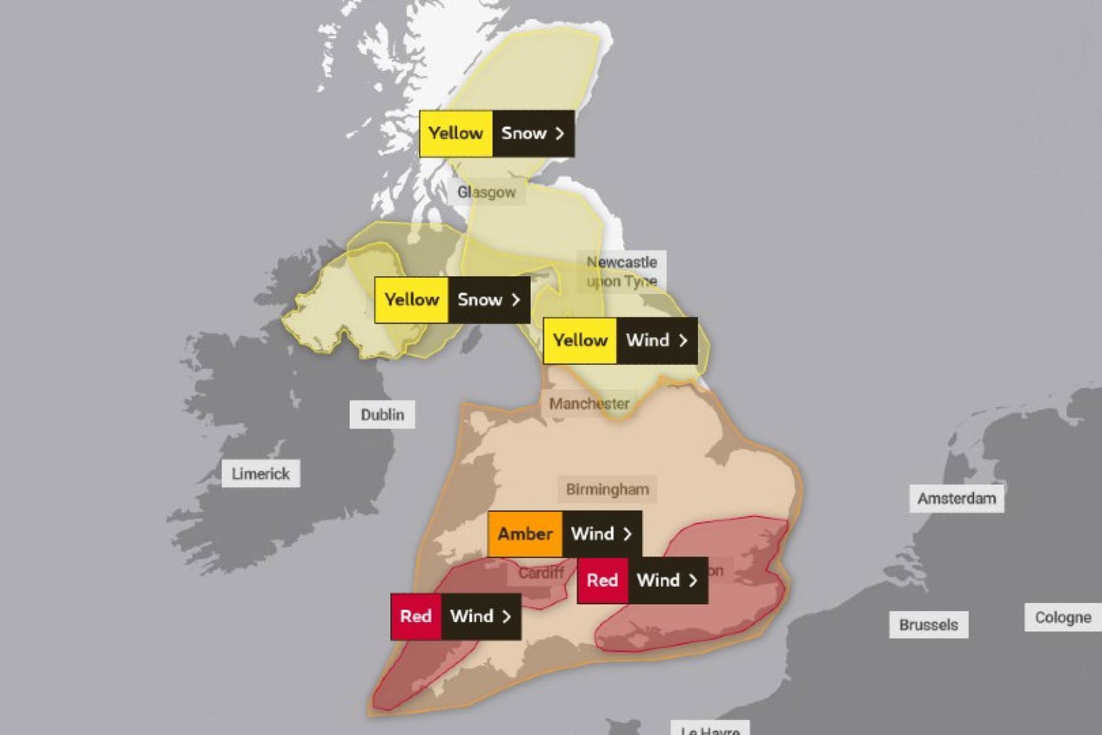 Two rare red weather warnings were issued on Friday 18 February (Credit: Met Office)