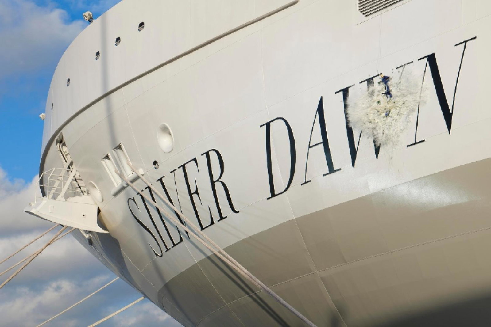 The ship's godmother Nilou Motamed cut the ribbon to trigger a champagne bottle to smash on the ship’s hull