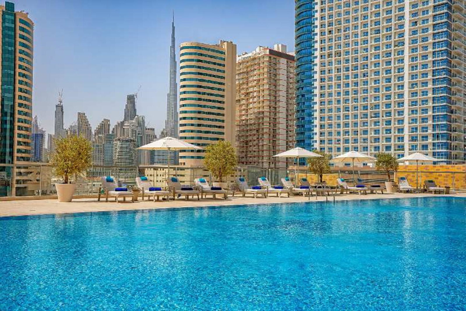 The 25-metre pool looks out across Downtown Dubai with views of the Burj Khalifa 