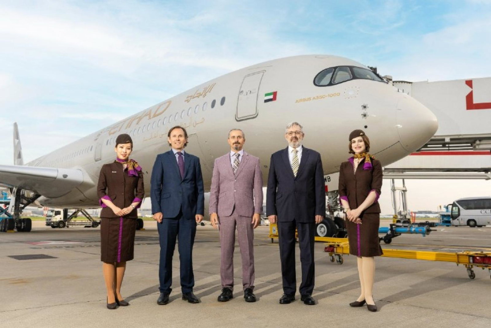 Heathrow chief commercial officer Ross Baker (second left) was among those to welcome the A350 to Heathrow