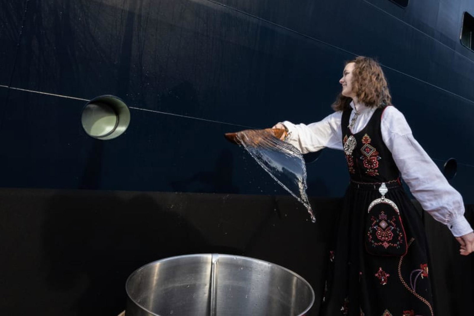 Godmother Aurora Sævik christened Havila Castor with pure water from Geirangerfjord