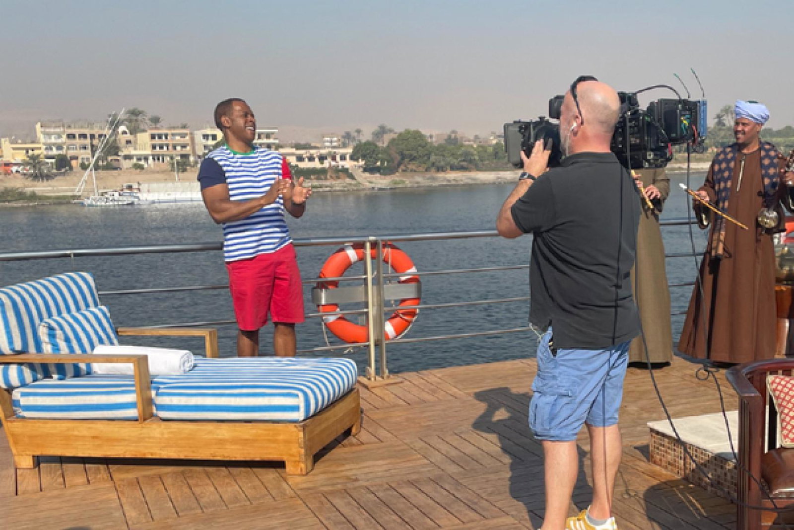 Presenter Andi Peters onboard Uniworld's River Tosca live for GMB